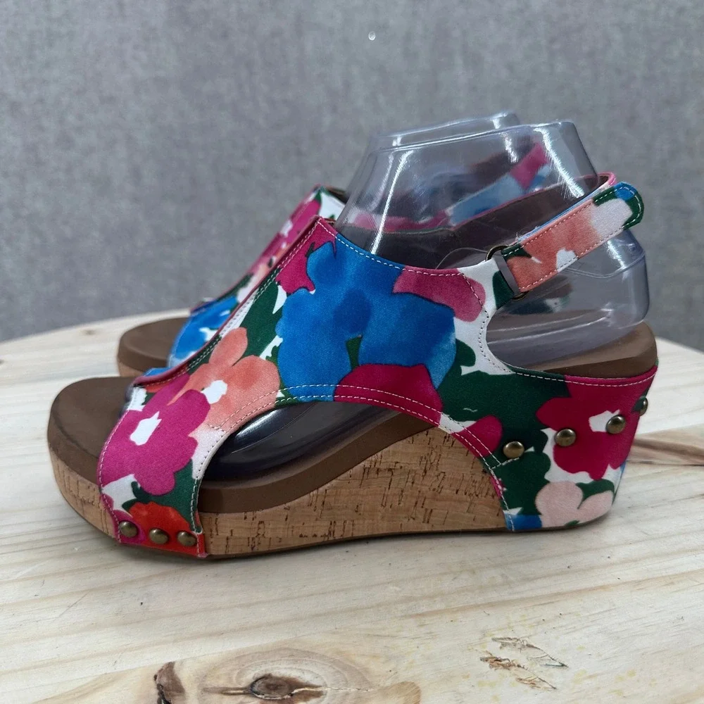 Corkys Carley Wedge Sandals Womens 8 Multicolor Floral Studded Cork Platform